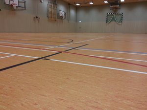 Sportboden HOPPE SN 18 mit Linodur, Flächenelastische Holzprallwand und Einbauelemente